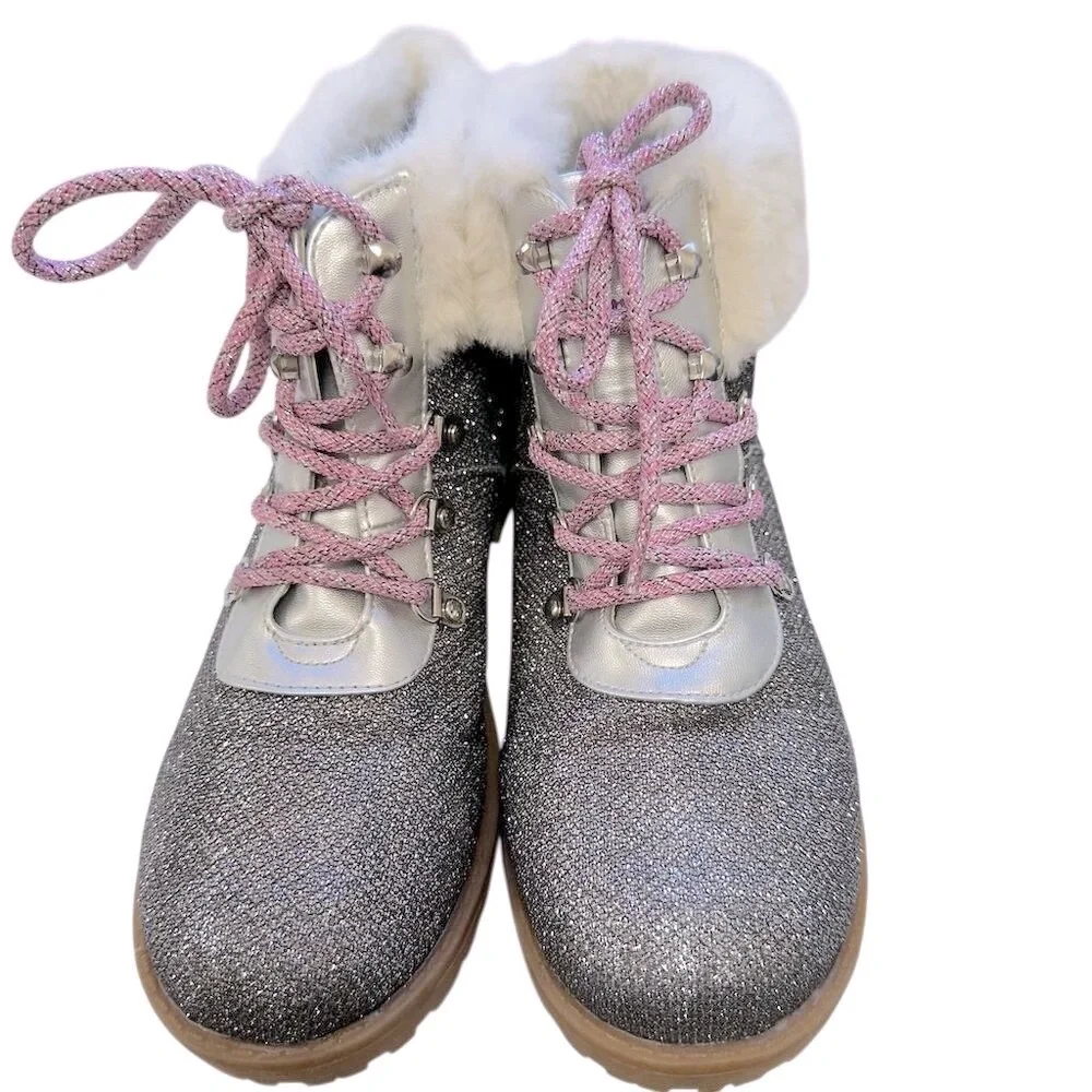 Juicy Couture Girls' Silver Glitter Hiker Ankle‎ Boots Size 5 Winter glamour